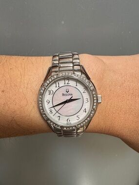 Bulova Silver-tone Crystal Bezel Mother-of-Pearl Dial Watch